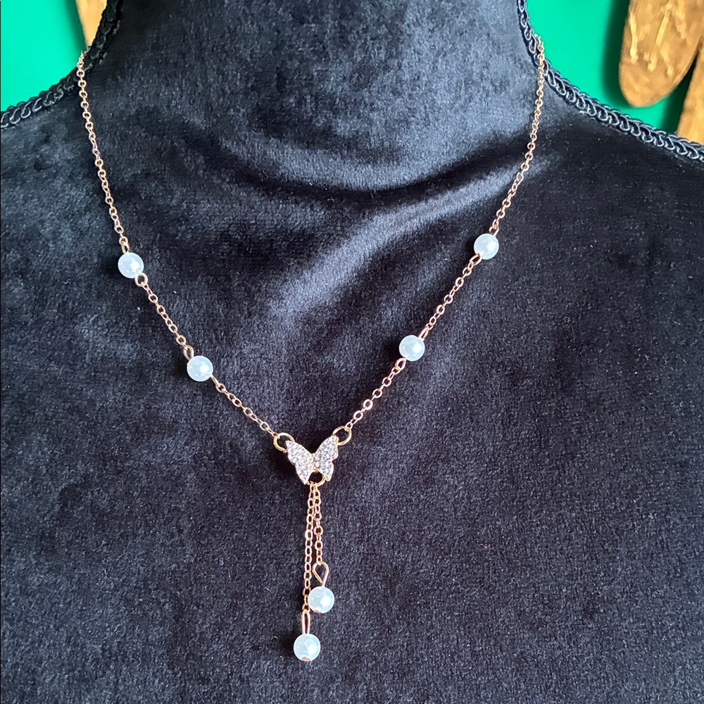NEW Butterfly necklace with faux pearls and crystals in goldtone holidays gift